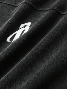 ROMWE MEN Essentials Men's Vintage Letter Print Zip-Up Half Placket Washed Pullover Pullover Sweatshirt - Black - View 4