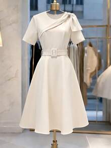 GlowEve Asymmetric Bow Tie Waist Wrap A-Line Elegant Mid-Length Dress For Women - Apricot - View 1