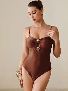 Swim Oasis Áo tắm liền thân gợi cảm, thanh lịch, khoét rỗng, đính kim loại dành cho nữ, kiểu dáng dự tiệc biển, nghỉ lễ, kèm áo khoác ngoài. - màu nâu - Xem 8
