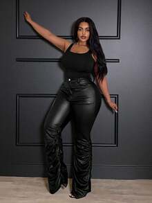 Slaydiva 春夏新款音乐节、复活节、西部风、游牧风、生日派对、毕业典礼、校园风、学生装、日常休闲、百搭基础款、休闲、邮轮旅行、海滩、日光浴、爆款、街头风、早午餐、机场、派对及假日女式大码高腰黑色仿皮打底裤，适合春、夏、秋、冬四季穿着。 - 黑色 - 查看 4