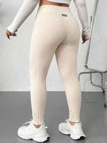 SHEIN EZwear 大码休闲百搭高腰卡其色打底裤 - 杏色 - 查看 2