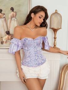 Embroidered Front Tie Ruffle Trim Off-Shoulder Crop Top - Purple - View 3