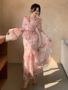 DAZY Damen elegantes 2-teiliges Set aus Blumenprint V-Ausschnitt Bluse mit Glockenärmeln und Rock, Frühling/Sommer - Pink - Übersicht 6