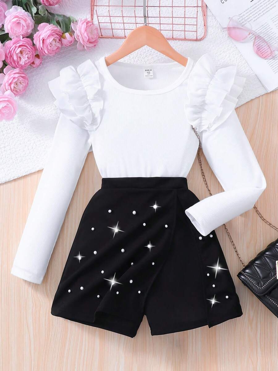 Tween Girl Solid Color Ruffle Trim Long Sleeve T-Shirt + Beaded Decor Skirt Shorts Set - White - View 1