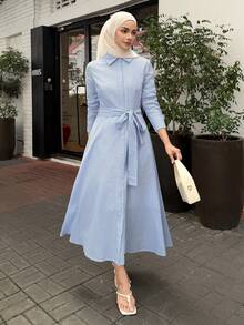 DAZY Women's Casual Striped Shirt Dress With Belt, Spring/Summer - Blue - View 1
