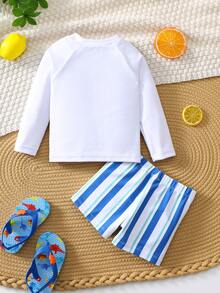 SHEIN 2pcs Baby Boy Summer Casual Vacation Fruit Pattern Long Sleeve Swimsuit & Blue Striped Swim Trunks, Suitable For Beach, Pool, Spa - Multicolor - View 3