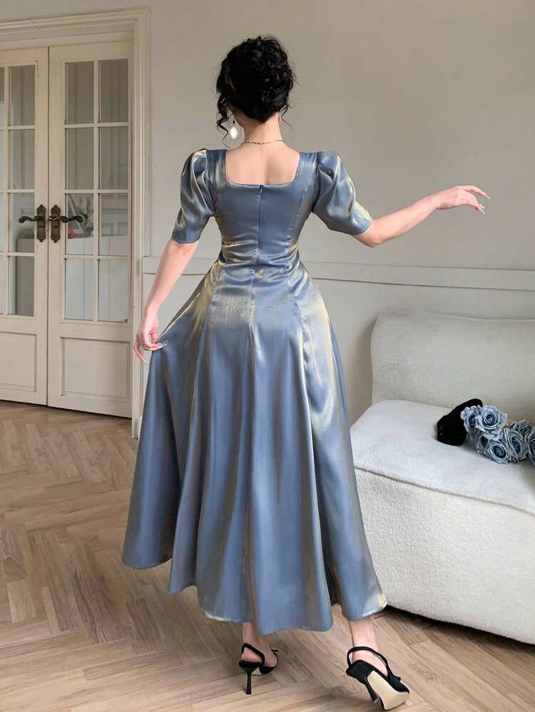 Women's Elegant Solid Color Square Neck Puff Sleeve Mid-Length Dress, Spring/Summer Wedding Guest Dress Sundress