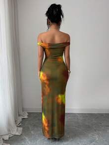 Vestido elegante de playa para mujer, vestido de malla con estampado de teñido anudado y ajustado de hombros descubiertos, para verano - Verde Oliva - Ver 2