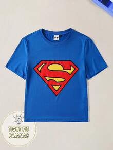 SUPERMAN X SHEIN Men's Letter Print Round Neck Blue Casual Short Sleeve T-Shirt Tight Fit Pajamas Superhero Shirt Blue T-Shirt