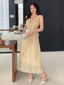 DAZY Đầm dài ngang gối không tay cổ chữ V xếp ly thanh lịch dành cho nữ, đầm dự tiệc cưới mùa hè. - Vàng nhạt - Xem 4