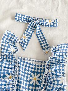 SHEIN Vintaside Kids 这款粉白格纹吊带连衣裙，搭配可爱的草莓印花，营造出清新自然的氛围。肩部饰以荷叶边，完美诠释了夏日时尚优雅活泼的气质。A字版型，采用轻盈透气的面料，适合假日派对、周岁婚礼、景区游览、拍照等各种场合穿着。 - 藍色 - 查看 8