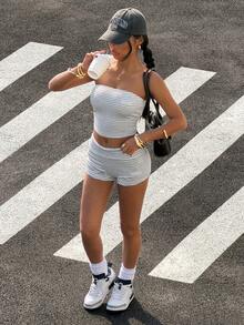 StreetHx 2pcs/Set Streetwear Women Striped Letter Patch Bandeau Top And Low Waist Shorts - Light Grey - View 5