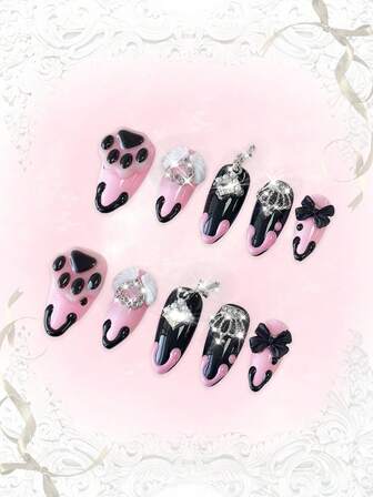 Anime 10 piezas de uñas postizas de alta calidad con diseños adorables de moños, notas musicales y estrellas, talla grande 3 piezas de adhesivo doble cara. Pegatinas de arte de uñas con cadena de cristal, estilo francés Y2K, lunares, removibles, adecuadas para vacaciones, fiestas, baile y uso diario.