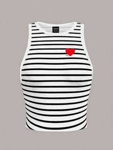 SHEIN EZwear Women Casual Minimalist Striped Heart Print Tight Fit Round Neck Camisole, Suitable For Summer Back To School Chic - Multicolor - View 3