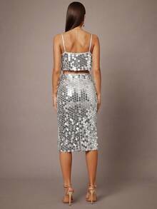 Silquee 2pcs/Set Sexy Red Spaghetti Strap Bodycon Dress - Silver - View 2