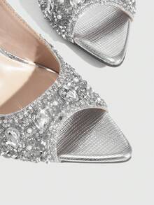 CUCCOO SZL Women's Sexy Rhinestone Strap Silver High Heels, Open Toe Stilettos For Party, Date, Formal Dress, Suitable For Christmas, Halloween, Thanksgiving, New Year Spring Shoes Prom Heels - Silver - View 5