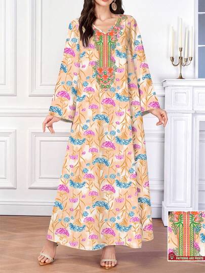 Al Najma Women's Floral Print V-Neck Long Sleeve Elegant Arabic Maxi Dress, Blue & Pink, Spring/Summer