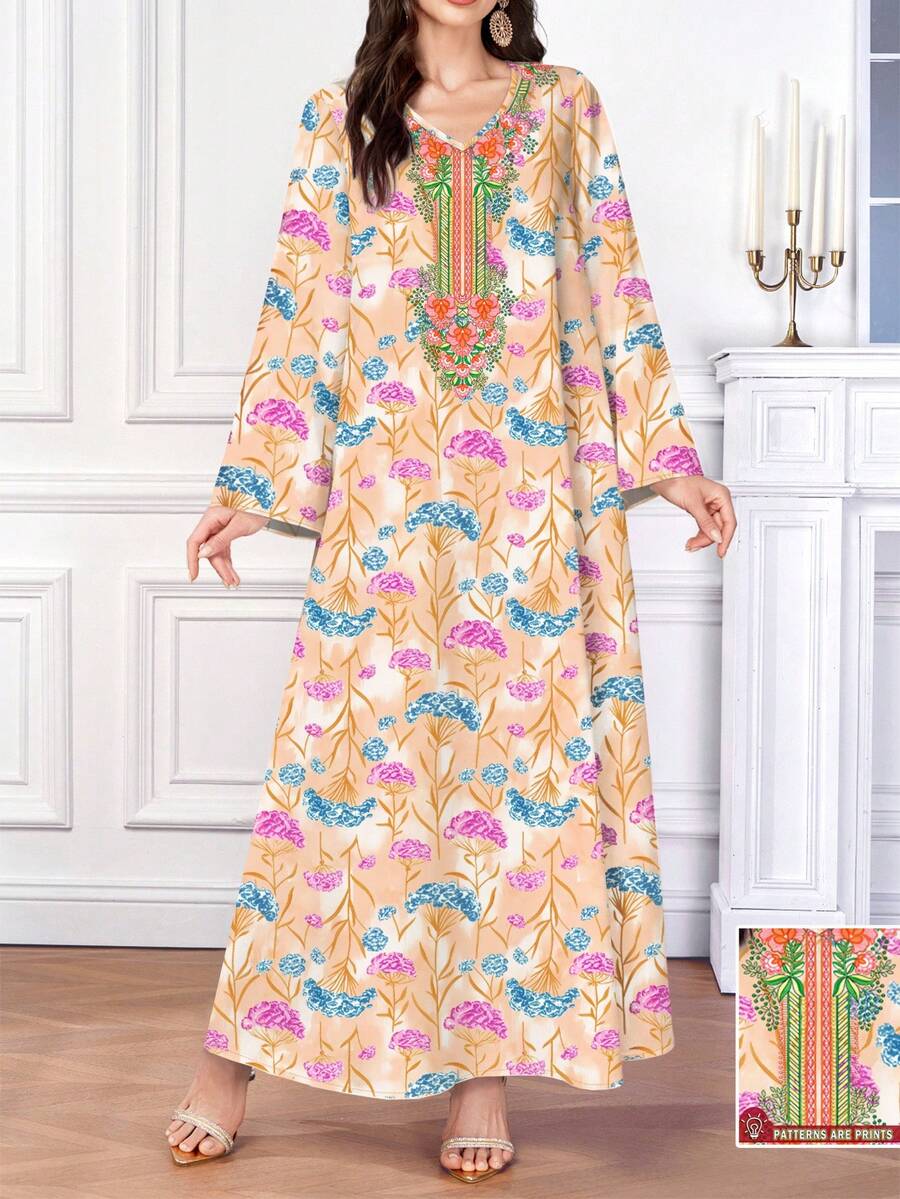 Al Najma Women's Floral Print V-Neck Long Sleeve Elegant Arabic Maxi Dress, Blue & Pink, Spring/Summer - Multicolor - View 1