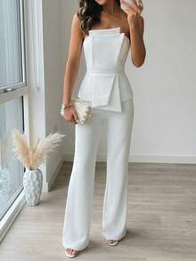 Firerie 女士优雅、精致、简约、端庄、浪漫、时尚、通勤友好、现代、喜庆、婚礼宾客、情人节、约会之夜不对称无肩带高腰白色连体裤 - 白色 - 查看 2
