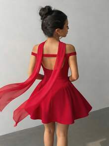 Aloruh 红色无肩带露背收腰A字迷你连衣裙，适合婚礼、情人节、约会、派对等场合。 - 紅色 - 查看 9