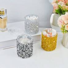 1PC Rhinestone Cotton Swab Storage Box, Makeup Pad Pads, Cotton Swabs, Toothpicks, Dental Floss, Hair Ties, Small Items Round Organizer, Makeup Table And Office Desk - Multicolor - View 3