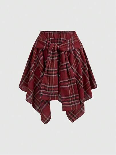 Grunge Punk Grunge Vintage Plaid Lace-Up Asymmetrical Layered Skirt