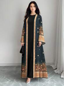 SHEIN Najma 女士花卉植物渐变印花休闲长袖阿拉伯长袍开衫外套，春秋季 - 彩色 - 查看 1