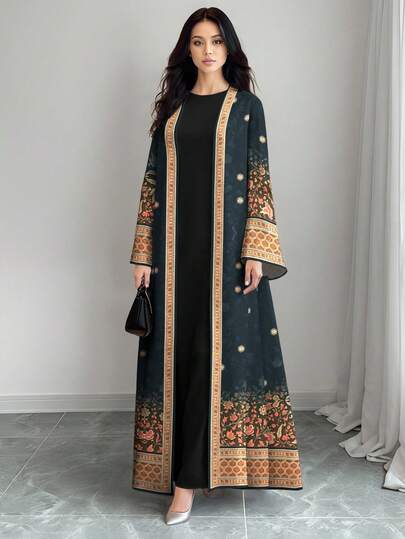 SHEIN Najma Damkläder med blommigt och växtbaserat ombremönster, casual långärmad arabisk abaya-kofta för ytterkläder, vår/höst