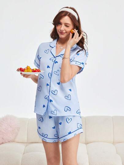 Bonmuse 女士心形印花短袖上衣和短裤睡衣套装，清凉浅蓝色