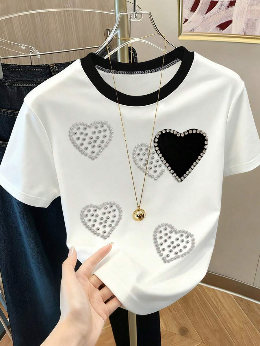 Resyla Women's Heart Shaped Beaded Contrast Color Round Neck T-Shirt - White - View 1