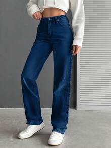 EURMUSE Damen Jeans mit Taschen und Knöpfen, vielseitig einsetzbar für den Alltag und den Arbeitsweg - Blau - Übersicht 5