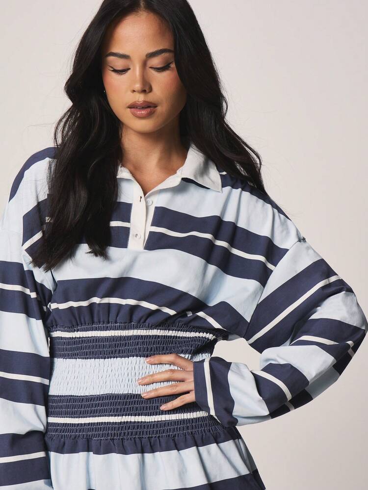 MISSGUIDED Top Polo de Rugby Listrada com Cintura Franzida Elástica, Manga Longa, Gola, Casual, Ajuste Relaxado, Túnica para Outono e Inverno