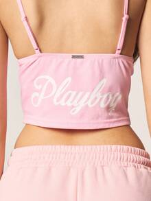 Missguided x Playboy Logo Graphic Strappy Camisole Tank Top Crop Style Adjustable Spaghetti Strap Summer Festival Casual Sleeveless Fitted Basic Tee - Pink - View 2
