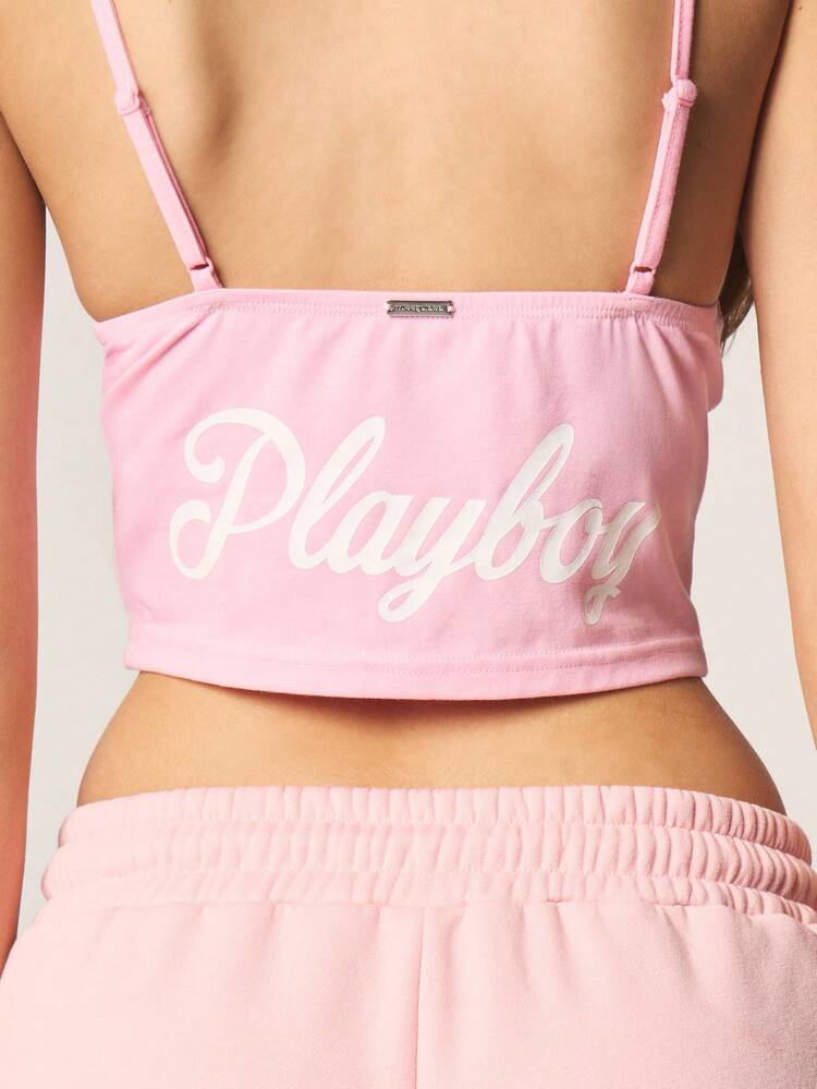 Missguided x Playboy Logo Graphic Strappy Camisole Tank Top Crop Style Adjustable Spaghetti Strap Summer Festival Casual Sleeveless Fitted Basic Tee