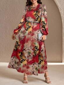 Ellevyn Plus Size Elegant Party Floral Print Dress - Red - View 6