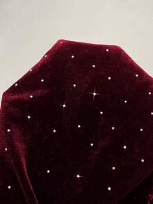 Balvessa Rhinestone Velvet Criss-Cross Neck Elegant Party Long Sleeve Women T-Shirt - Burgundy - View 5