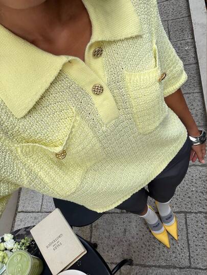 Sunnyshic Damtopp med lös, avslappnad vintage-modell, myntdekor och fickor, stickad med kort ärm, moderiktig och mångsidig, vår/sommar