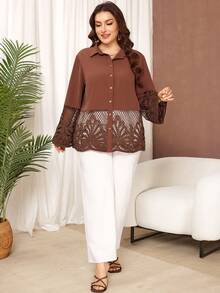 Lacomfia Plus Size Casual Solid Color Lace Trim Loose Long Sleeve Shirt, Spring/Autumn - Brown - View 5