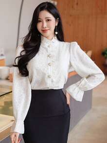 DAZY Áo kiểu nữ thanh lịch màu trơn ren tay phồng, tay dài, thích hợp mặc mùa xuân/hè, dự tiệc cưới. - Màu be - Xem 5