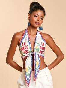 Travachic Women's Sexy Backless Halter Neck Floral & Letter Print Vacation Beach Top - Multicolor - View 3