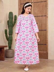 SHEIN 少女碎花圆领长袖连衣裙 - 粉色 - 查看 6