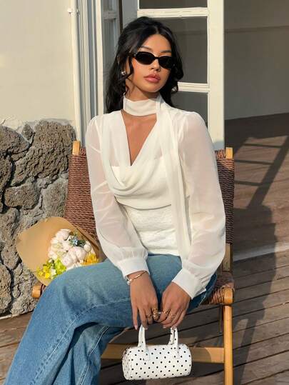 SHEIN Frenchy Women's Solid Color Ruffled Collar Long Sleeve Contrast Lace Elegant Blouse Spring