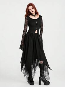Breakform Áo cardigan ngắn tay dài, cài cúc, cổ ren phối màu trơn, chất liệu vải dệt kim, dành cho nữ, kiểu dáng thanh lịch Gothic, có khuy cài, tay áo loe và cổ tay áo ôm sát. - màu đen - Xem 5