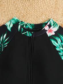 SHEIN 少女碎花长袖连体泳衣 - 黑色 - 查看 4