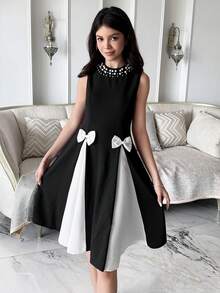 少女优雅珍珠镶边撞色蝴蝶结装饰无袖连衣裙 - 黑與白 - 查看 4