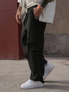 DAZY Men's Elastic Waist Striped Fabric Loose Fit Pants With Large Pockets, Spring - Black - View 6