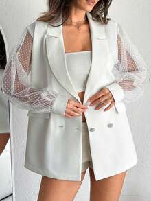 EURMUSE Women Rhinestone Detailed Tulle Sleeve Detailed Blazers - White - View 6