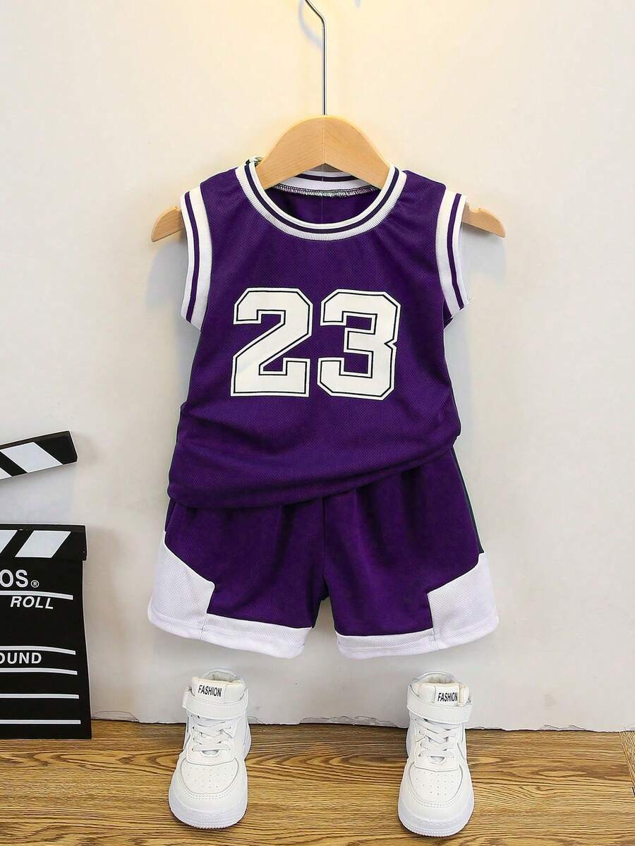 SHEIN Genkimix Kids Seragam Basket Anak Laki-Laki: Tank Top dan Celana Pendek Bermuda dengan Kerah Bulat dan Motif Grafis untuk Anak-Anak