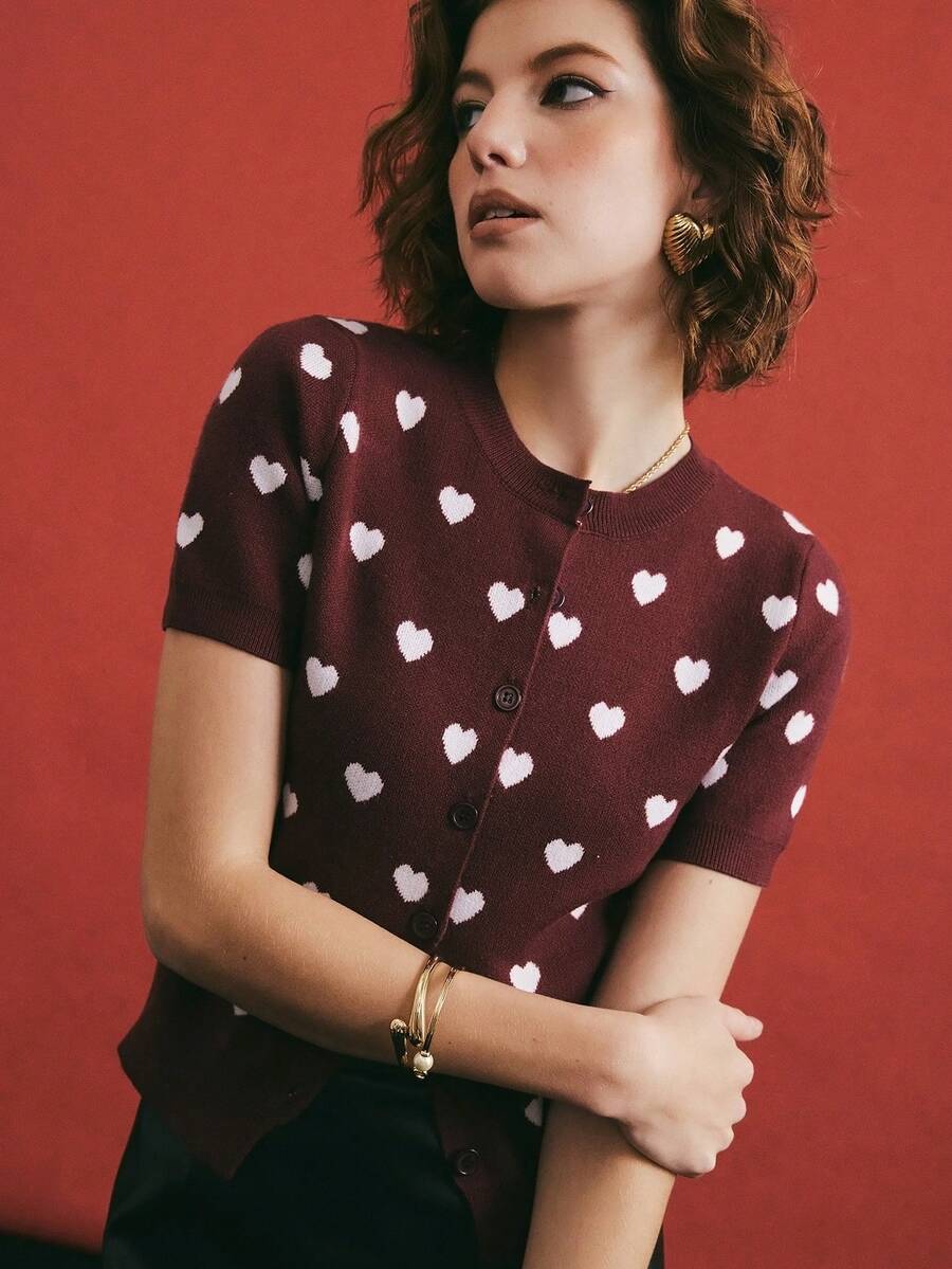 Poéselle Wine Red Heart Print Knit Cardigan - Short Sleeve Button Up Sweater For Cute And Sweet Outfits,Women's Casual Commuting Heart Knitted Short Sleeve Cardigan,Heart,Valentine's Day,Valentines,Red,Burgundy,Party - Coffee Brown - View 1