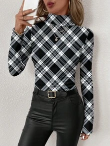 SHEIN Clasi 女士休闲简约黑色格子高领打底衫 - 彩色 - 查看 5